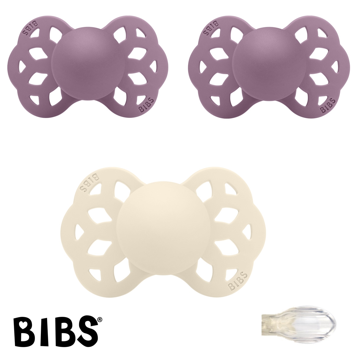 BIBS Infinity Sutter med navn str2, 1 Ivory, 2 Mauve, Symmetrisk Silikone, Pakke med 3 sutter